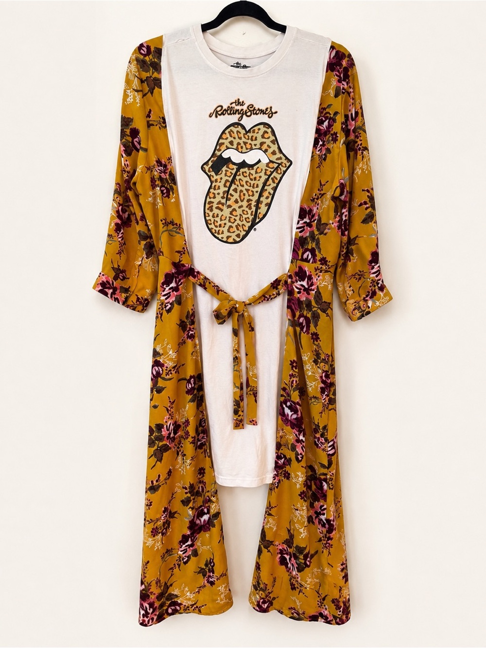 Rolling Stones Leopard Tongue Tunic Floral Duster Upcycled OOAK